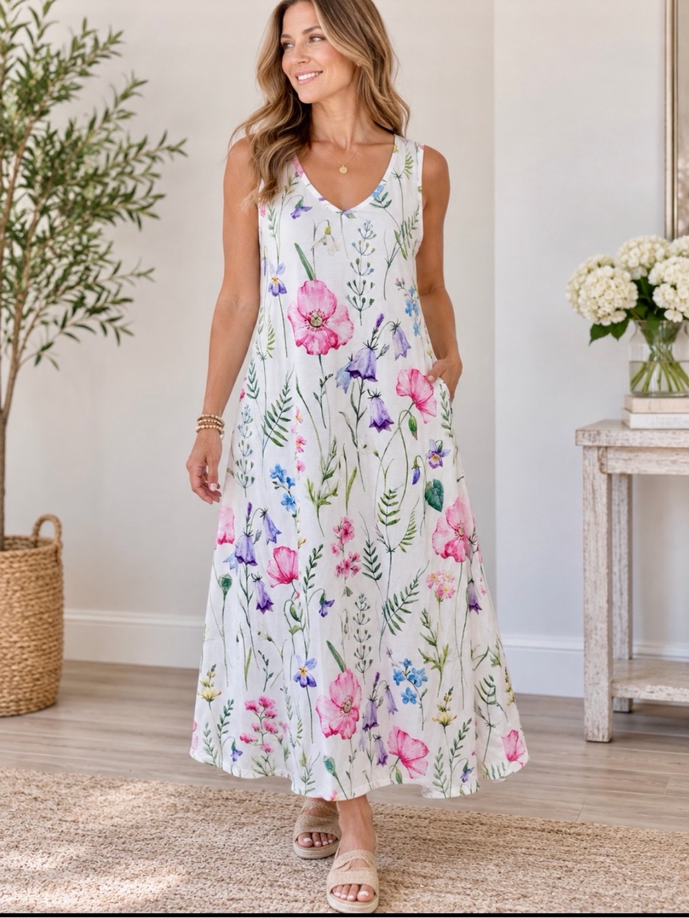 Sleeveless White Floral Maxi Dress with Pink & Purple Blooms